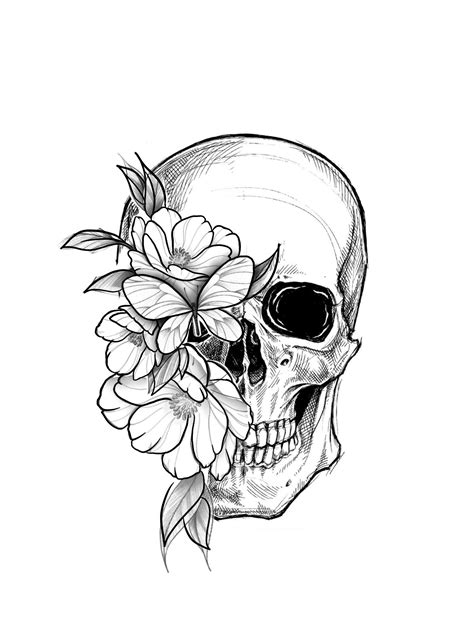 Feminine Skull And Flower Tattoo