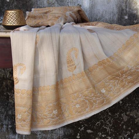 Beige Pure Tussar Georgette Silk Banarasi Handloom Saree - Tilfi