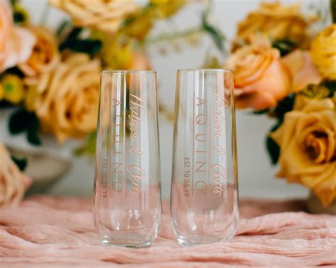 Custom engraved wedding toast stemless flute pair stemless champagne ...