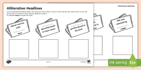 Alliteration Headline Activity Sheet - KS1 - Writing