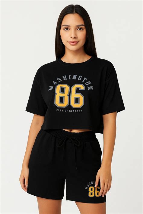Women's relaxed-fit graphic crop-top tshirt & shorts co-ors set – Primekart