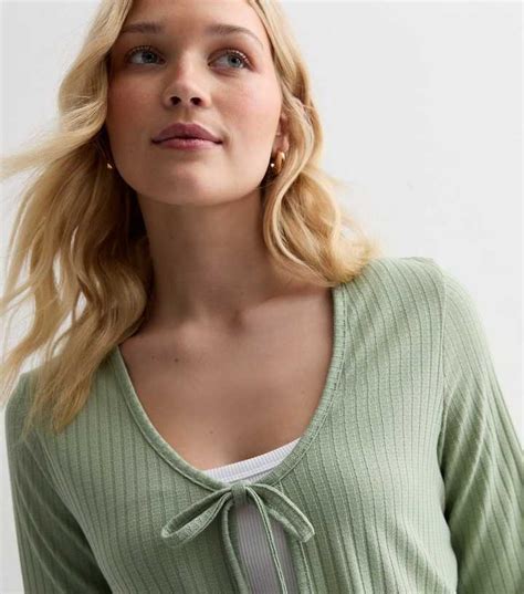 Light Green Ribbed Tie Front Cardigan | New Look