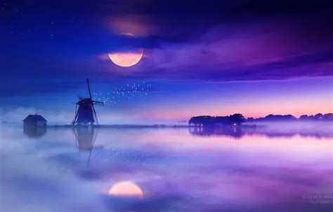 Wallpaper Reflection, Fog, Night, Mill, Lake, The moon, House, Moon for ...