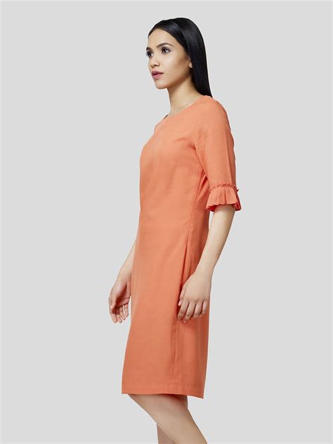 Boat Neck Shift Dress With Pleated Cuff