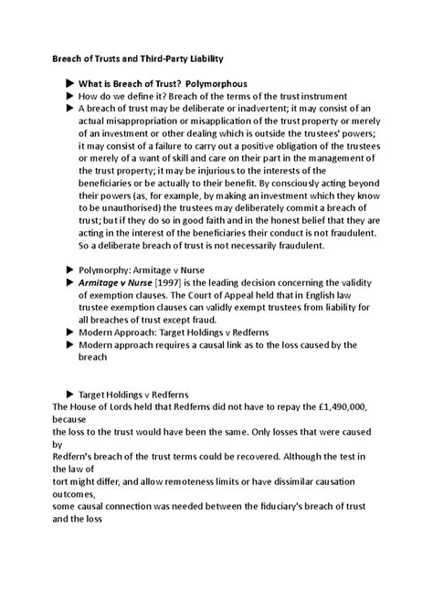 Equity and trusts breach of trust and third party liability - Breach of ...