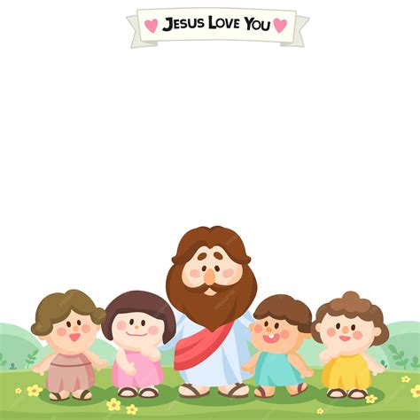 사랑스러운 만화 예수와 네 명의 행복한 아이들 예수와 함께 당신을 사랑합니다 텍스트에 대한 태그와 빈 공간 1x1 | 프리미엄 벡터