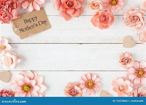 Happy Mothers Day Frame with Pink Paper Flowers and Gift Tag Against a ...