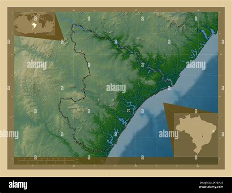 Sergipe, state of Brazil. Colored elevation map with lakes and rivers. Corner auxiliary location ...