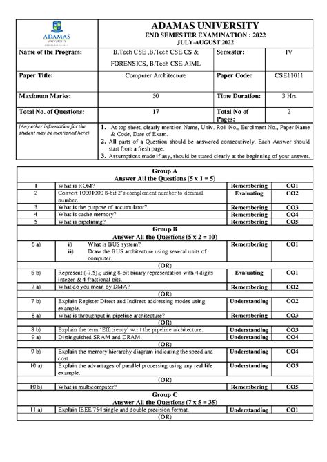 Computer Architecture - of Questions: 17 Total No of Pages: 2 (Any ...
