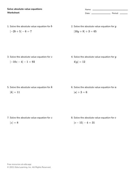 Solve Absolute Value Equations Worksheet - Printable PDF Template