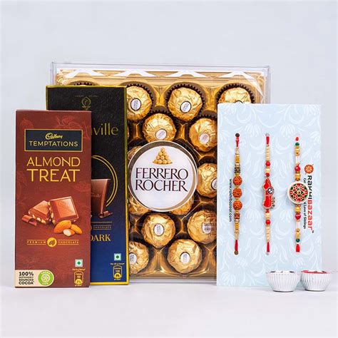 Send Set of 3 Designer Rakhis with Chocolate Hamper Online ...