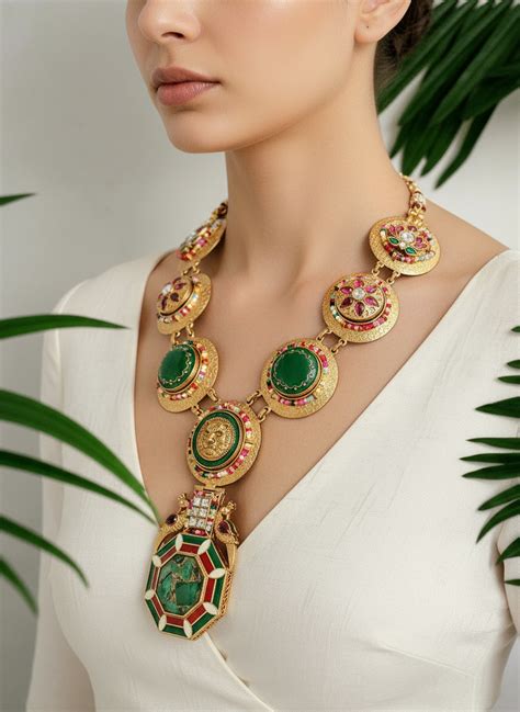 ANTIQUE GOLD PLATED CONTEMPORARY SET WITH GREEN AND RED ENAMEL – Mirae