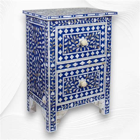 Mother Of Pearl Inlay Floral 2 Drawer Bedside Blue – Luxury Handicrafts