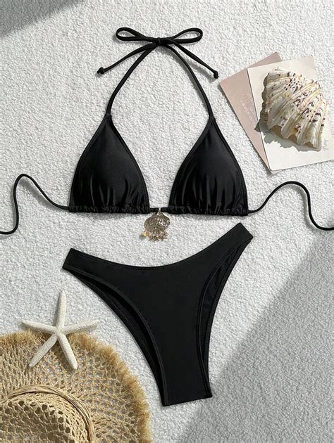 Swim Vcay Solid V-Neck Triangle Wire-Free Bra Top & Swim Shorts Women ...