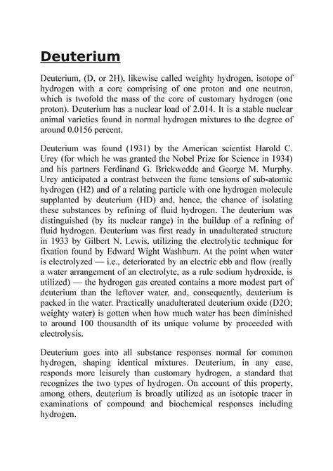 Deuterium - Deuterium Deuterium, (D, or 2H), likewise called weighty ...