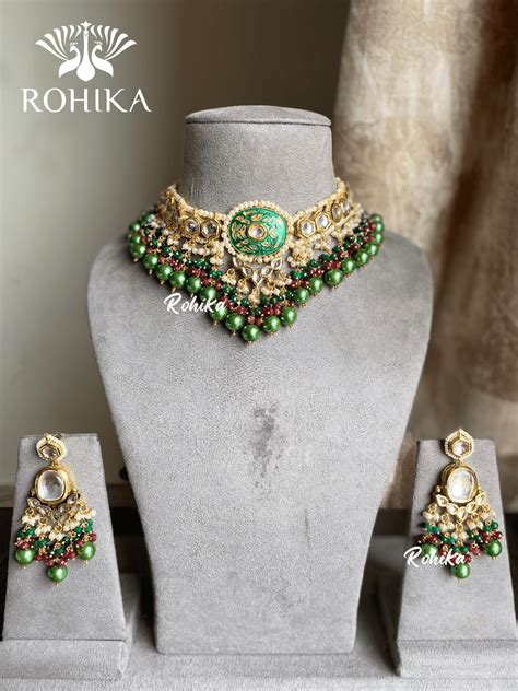 Nitara meenakari kundan necklace set - Dark Green – Rohika Store