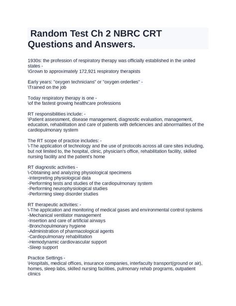 Random Test Ch 2 NBRC CRT Questions and Answers. | Exams Medicine | Docsity