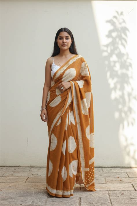 Copper Polka Dabu Print Saree – Gray and Green Store