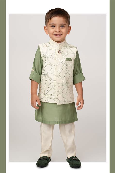 Green Silk Blend Soft Festive Sequins and Thread Embroidered Nehru Jac ...
