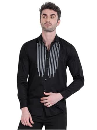 Buy Vanhood Men’s Black Embroidered Cotton Satin Shirt – Slim Fit ...