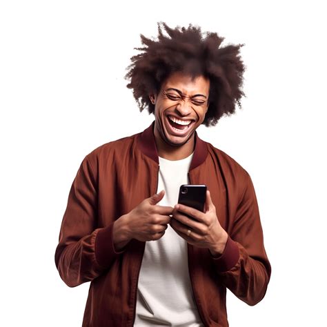 Portrait of black young man happy smiling cheerful using smart phone ...