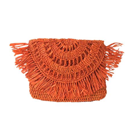 MAR Y SOL Women's Mia Crochet Raffia Fringe Small Clutch, Mango, Mango ...