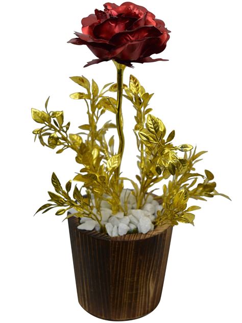 Buy Fancy Mart Artificial Rose Flower with Tulsi in Wooden Small Round ...
