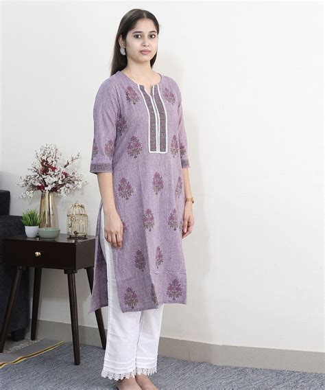 Lavender handblock printed cotton floral kurti – GoSwadeshi