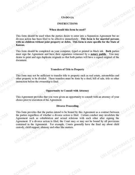 Kansas Marital Legal Separation and Property Settlement Agreement for ...