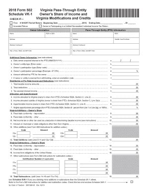 Fillable Online 2018 Schedule VK-1 - Pass-Through Entity Owner's Share ...