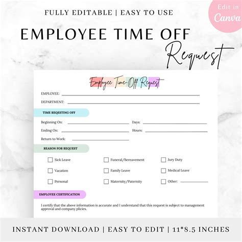 Editable EMPLOYEE TIME OFF, Time off Request, Pto Request Form, Vacation Request, Pto Request ...