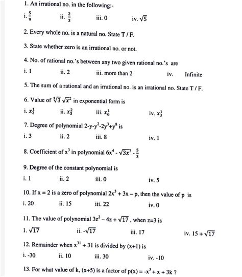 1. An irrational no. in the following:-ii. 3iii. Oiv. √52. Every whole ...