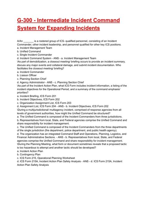 G-300 - Intermediate Incident Command System for Expanding Incidents Exam 2025/2026 Questions ...