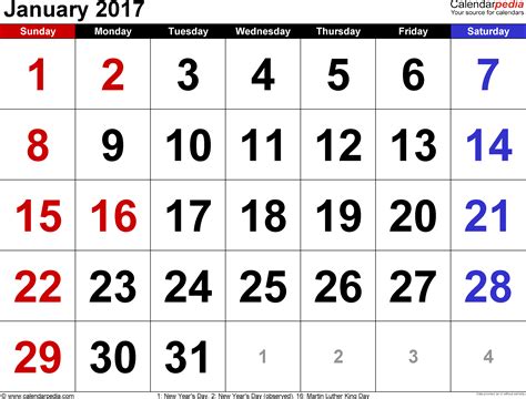 January 2017 - calendar templates for Word, Excel and PDF