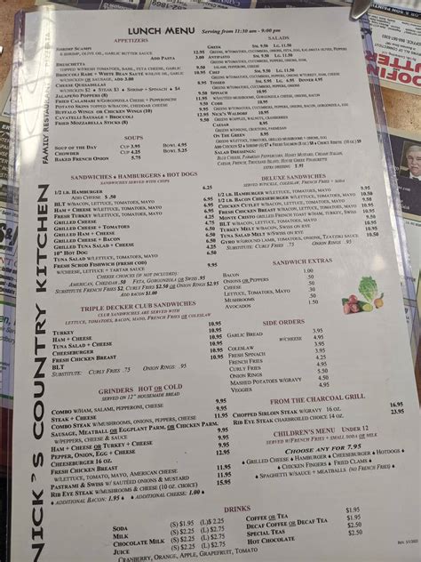 Menu at Nick's Country Kitchen restaurant, Bethlehem, 3G Flanders Rd