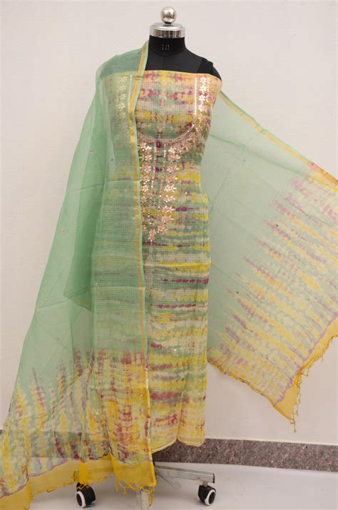 Pure Cotton Kota Doriya Tye and Dye Hand Gotta Patti Work Unstitched S ...