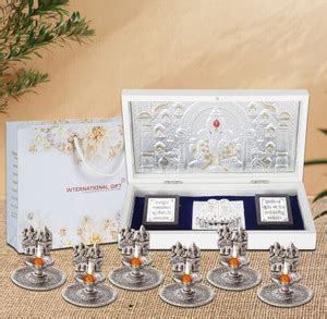 INTERNATIONAL GIFT Silver Ganesh Idol Charan Paduka With 6 Diya | Box ...