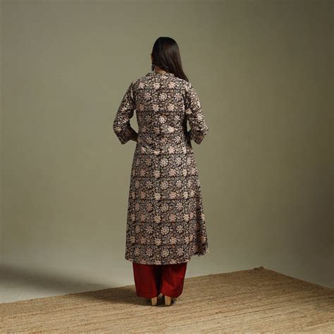 Black Pedana Block Print Natural Dyed Cotton A-Line Kalamkari Kurta