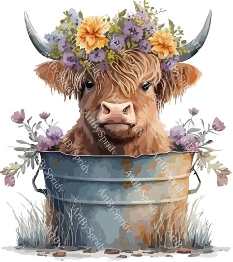 Funny Floral Highland Cow PNG Clipart, Printable Clip Art Digital ...