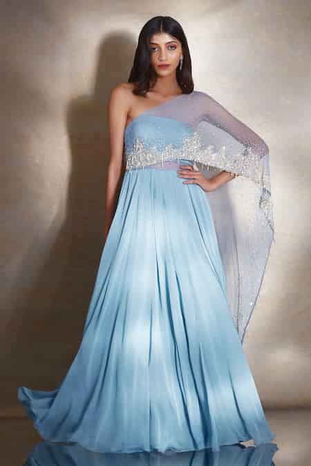Buy Blue Net, Satin, Georgette Pearls, Sequins, Beads Marie Embellished ...