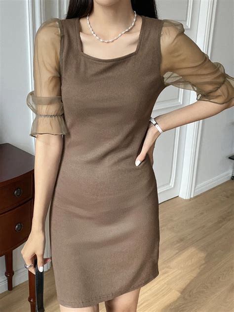 DAZY Contrast Mesh Square Neck Dress | SHEIN USA