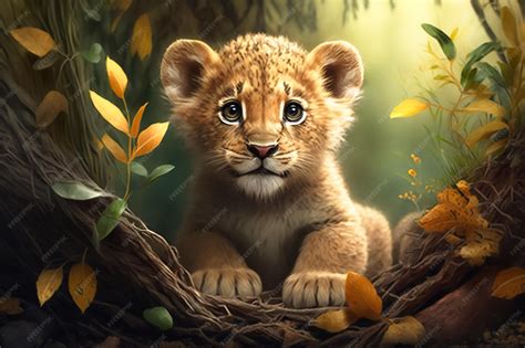 Premium AI Image | Very cute baby lion in the forest