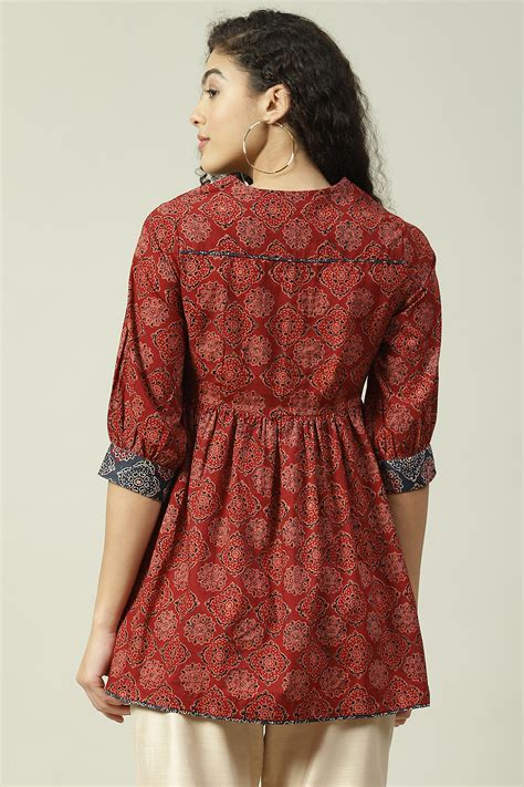 Rust Cotton Flared Printed Short Kurti at Biba India