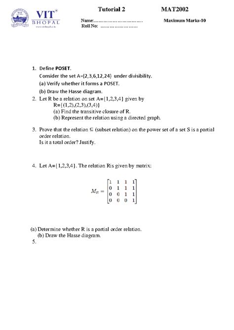 MAT2002 Tutorial 2: POSET, Relations, and Hasse Diagrams - Studocu
