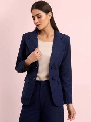 Buy Fable Street Linen Notch Lapel Collar Blazer - Navy Blue Online