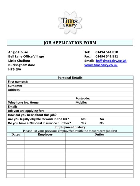 Fillable Online JOB APPLICATION FORM - timsdairy.co.uk Fax Email Print ...