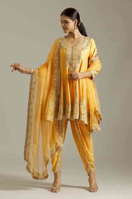 Buy Yellow Chanderi Silk Embroidered Gota Short Anarkali Dhoti Pant Set ...