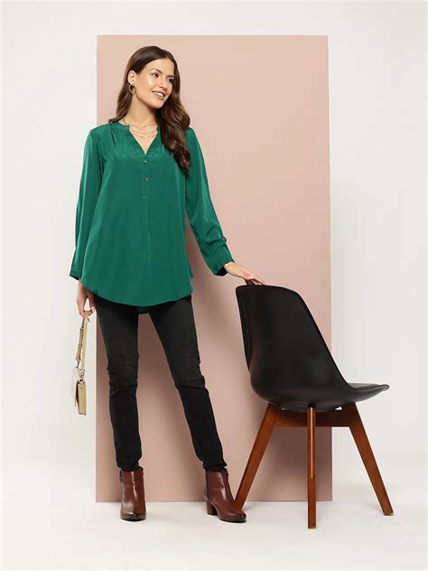 Solid Green crepe half placket maindarin collar shirt