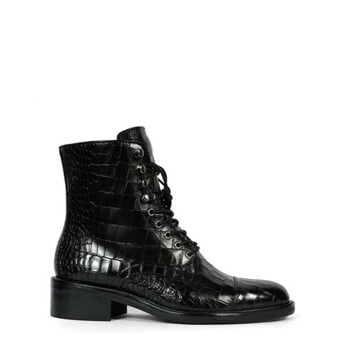 Croco Leather Lace-Up High Ankle Boot Black