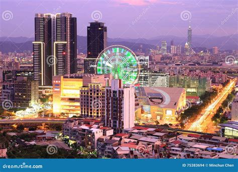 Aerial Panorama of Busy Taipei City, the Capital of Taiwan on a Romantic Evening in Rosy Dusk ...